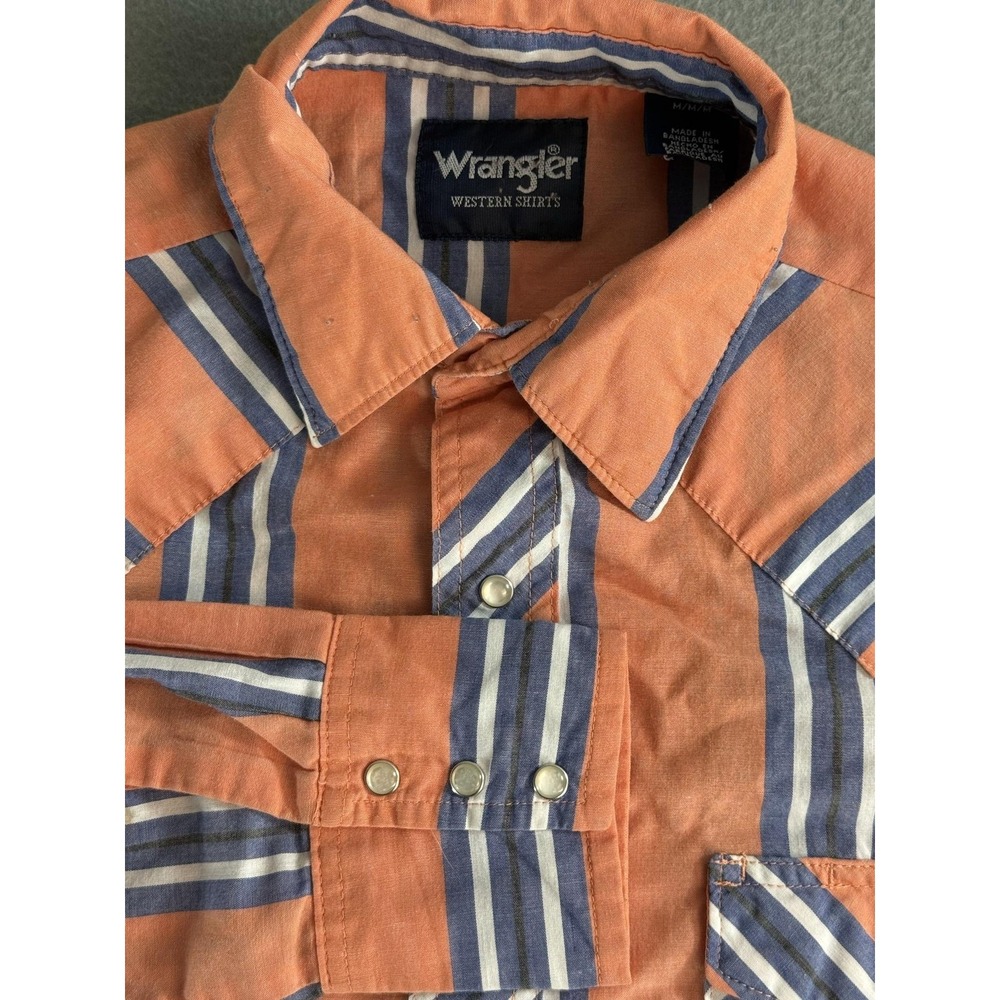 Wrangler Shirt Mens Medium Orange Stripe Western Long Sleeve Snap Button Up